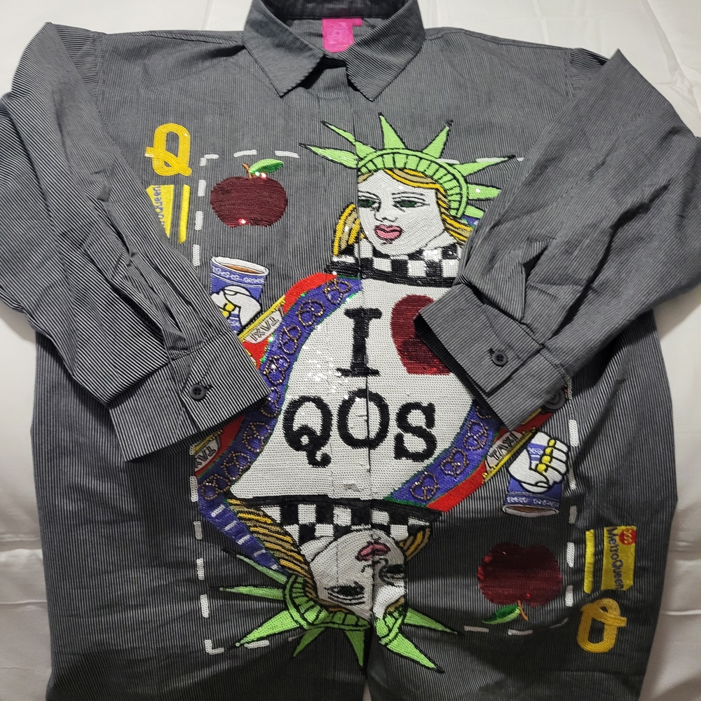 Queen Of Sparkles Sequined Graphic Button-Up Dress with Statue of Liberty Motif